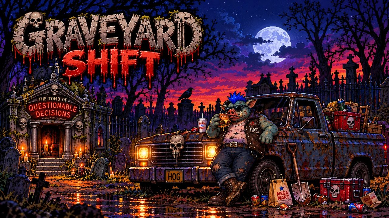 Grave Hog's Graveyard Shift title screen: Grave Hog in a moonlit cemetery
