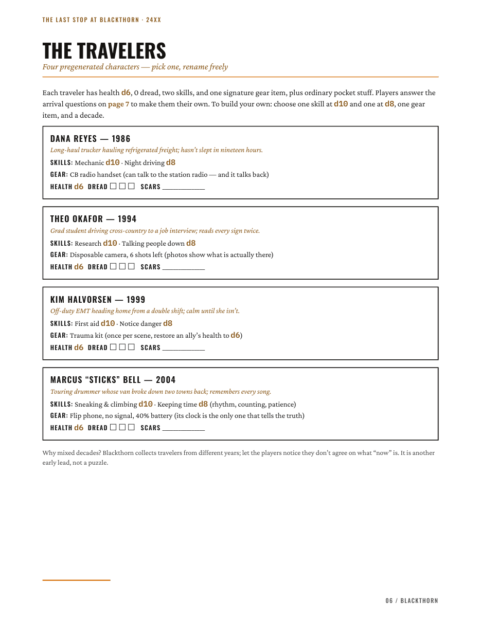 Preview page: the four pregenerated travelers.
